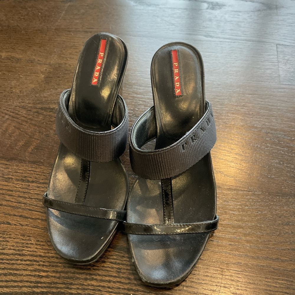 Black Leather Prada wedge sandals
